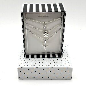 Lori’s Gifts Layered Necklace Set Cubic Zirconia Cross Angel Charm Silver Tone
